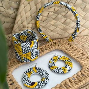 Ensemble serre-tête, bracelet et boucles d'oreilles Jaune Blanc Noir