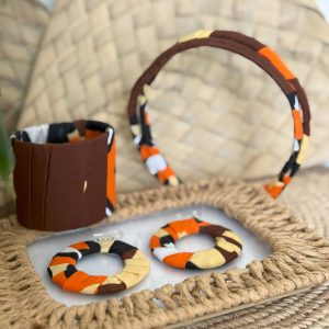 Ensemble serre-tête, bracelet et boucles d’oreilles Marron Orange Beige Noir