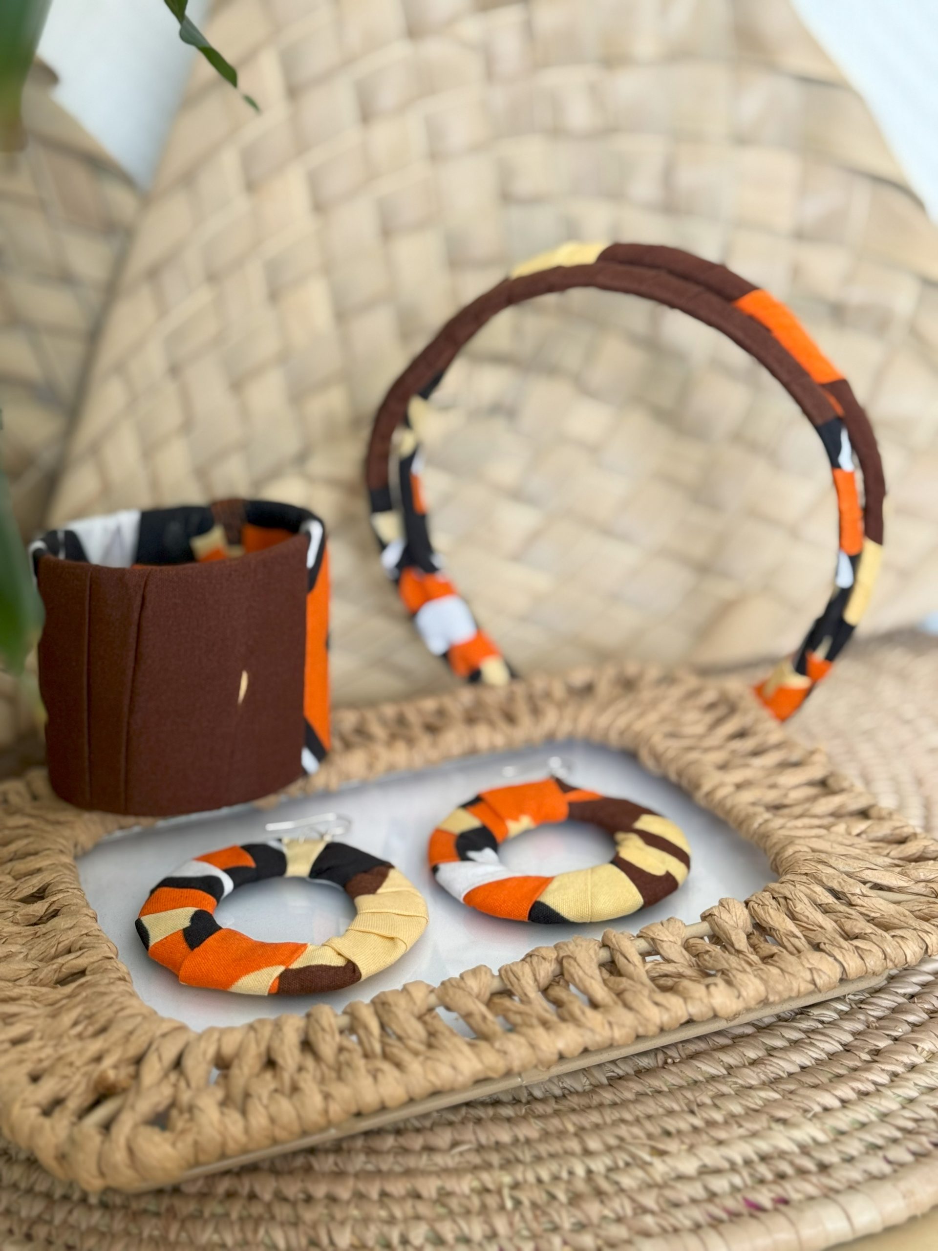 Ensemble serre-tête, bracelet et boucles d’oreilles Marron Orange Beige Noir