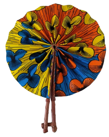 Éventail Fleurs Jaune Orange Bleu